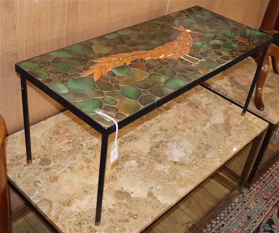 A 1960s enamelled metal Peacock coffee table W.91cm